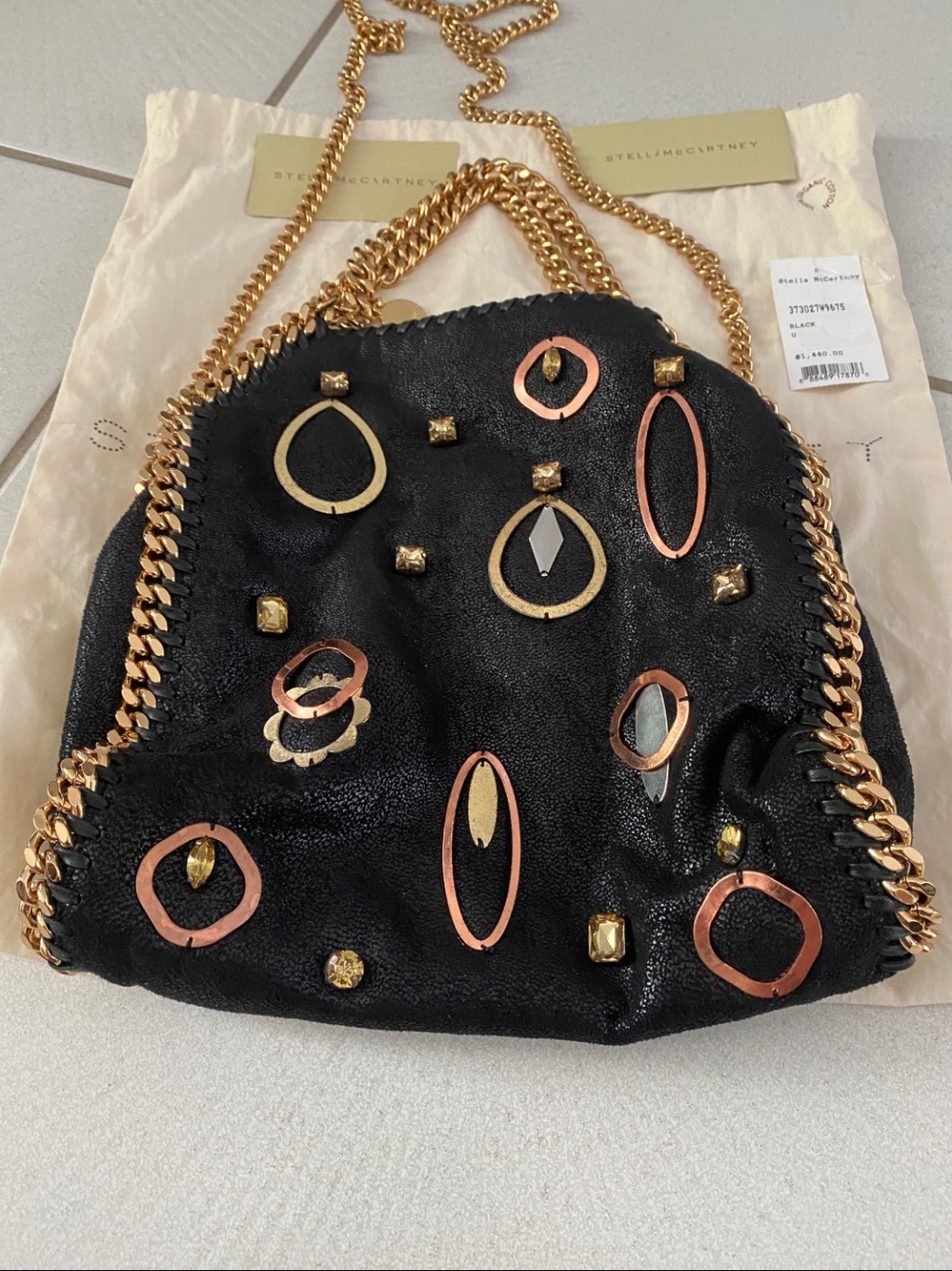 Stella McCartney Black Embellished Falabella Shoulder Bag with Gold Chain LE - Picture 2 of 11